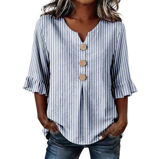 Womens Three-quarter-sleeve Buttoned Blouse With A Floral Pattern