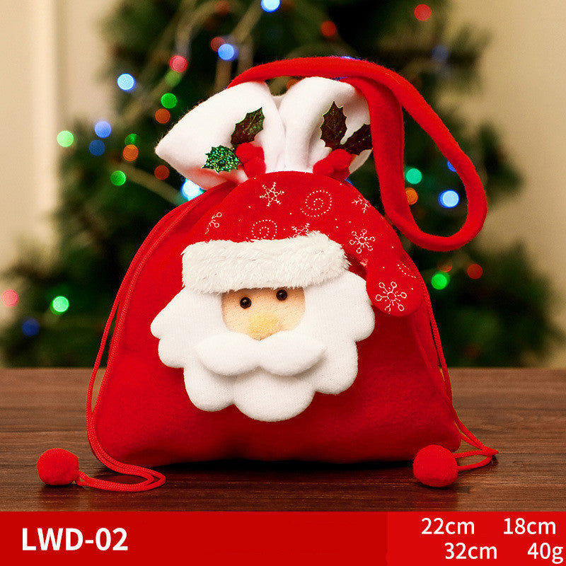 Brushed Christmas Gift Bags with 3D Santa Snowman Reindeer Bear, Red Drawstring Candy Bags, Felt Holiday Gift Bags
