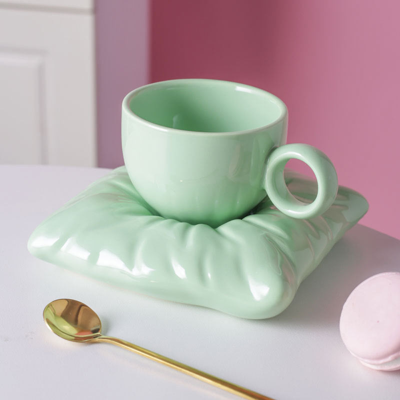 Nordic Ceramic Cup with Pillow Saucer Coaster, Creative Couple Coffee Tea Cup & Saucer Gift Set, 7 Colors