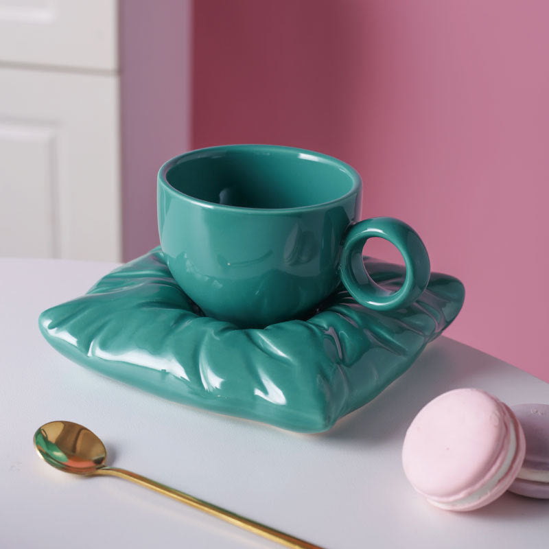 Nordic Ceramic Cup with Pillow Saucer Coaster, Creative Couple Coffee Tea Cup & Saucer Gift Set, 7 Colors