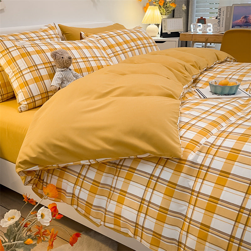 Pure Color Washed Cotton Plaid Striped Bedding Set
