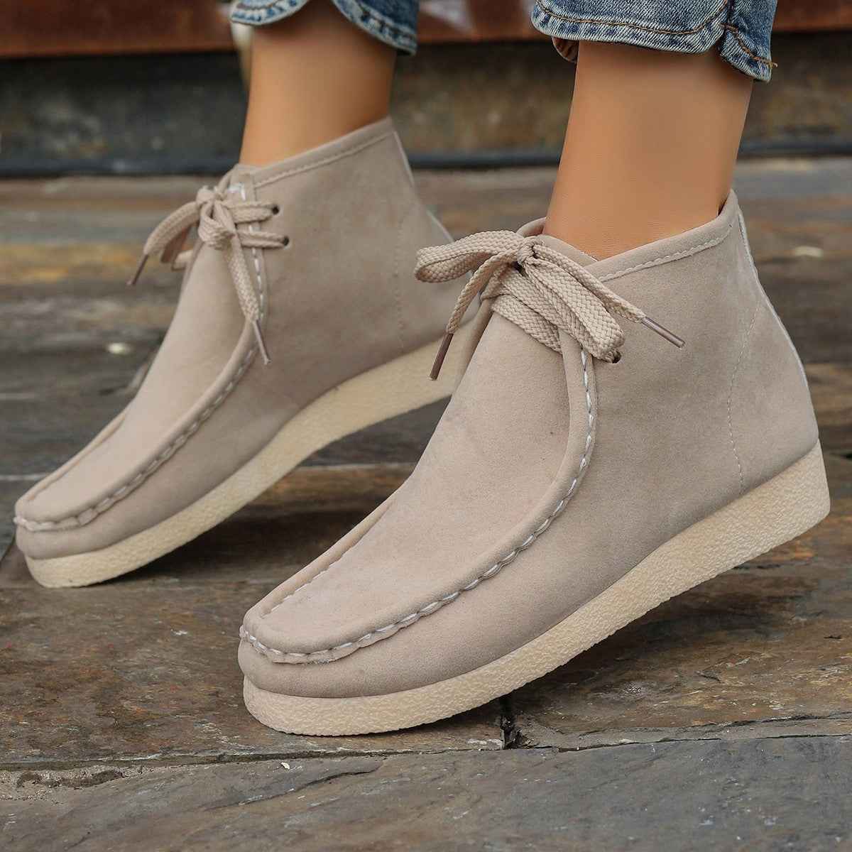 Women's Hidden Heel Ankle Boots – Stitched Detail Lace-Up Suede Fashion Shoes