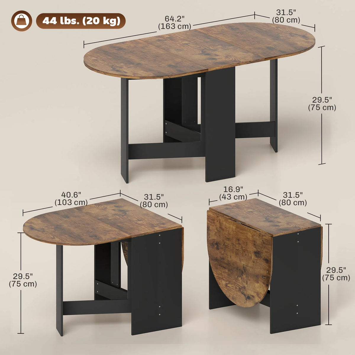 Rustic Brown Oval Folding Dining Table – Space-Saving Drop-Leaf Kitchen Table (United States & Canada Delivery Only)