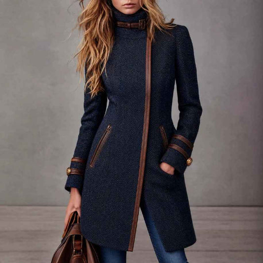 Women’s Mid-Length Herringbone Tweed Coat – Side-Zip Wool-Blend Jacket