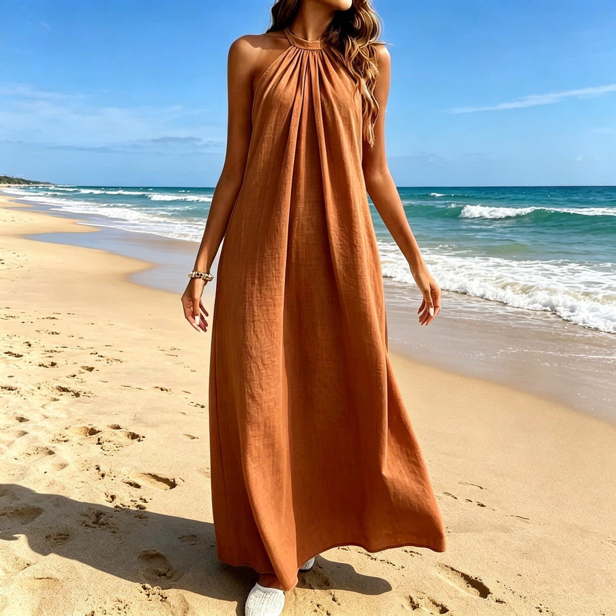 The Ladys Dress Is A Sexy Halter-neck Loose-fitting Style