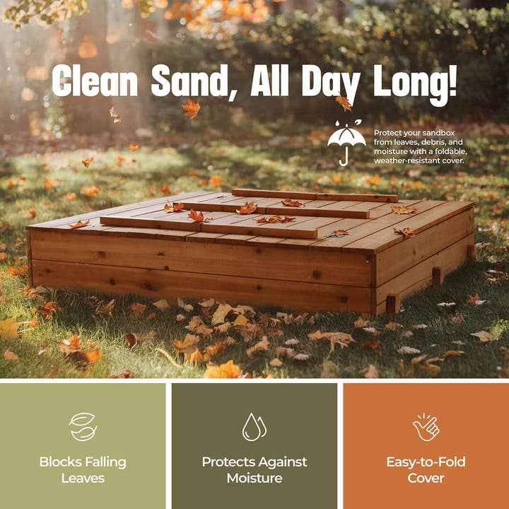 Play22 - Cedar Wood Kids Sandbox with Foldable Bench Seats - Ages 4+