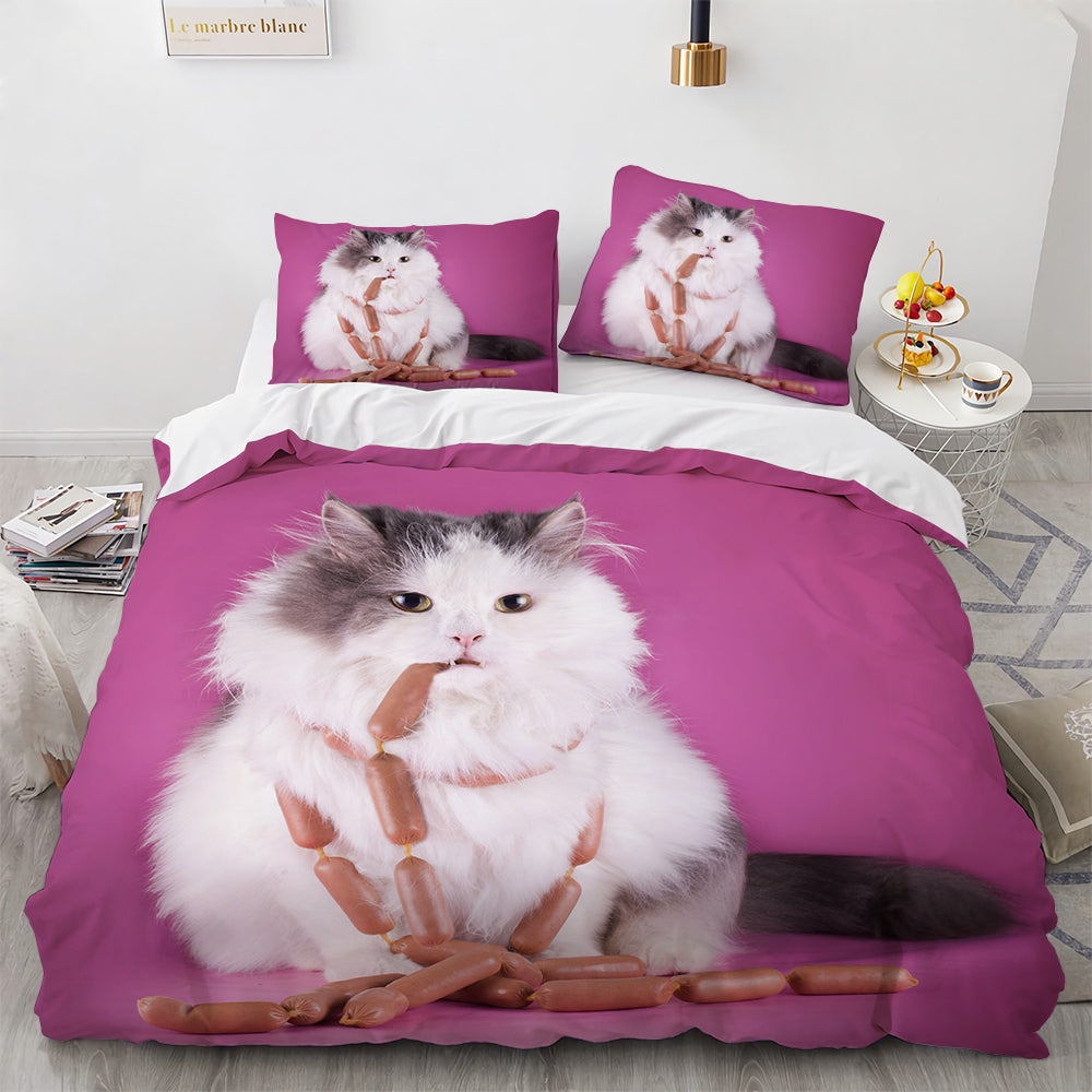 White Cute Cat Duvet Cover Bedding Set