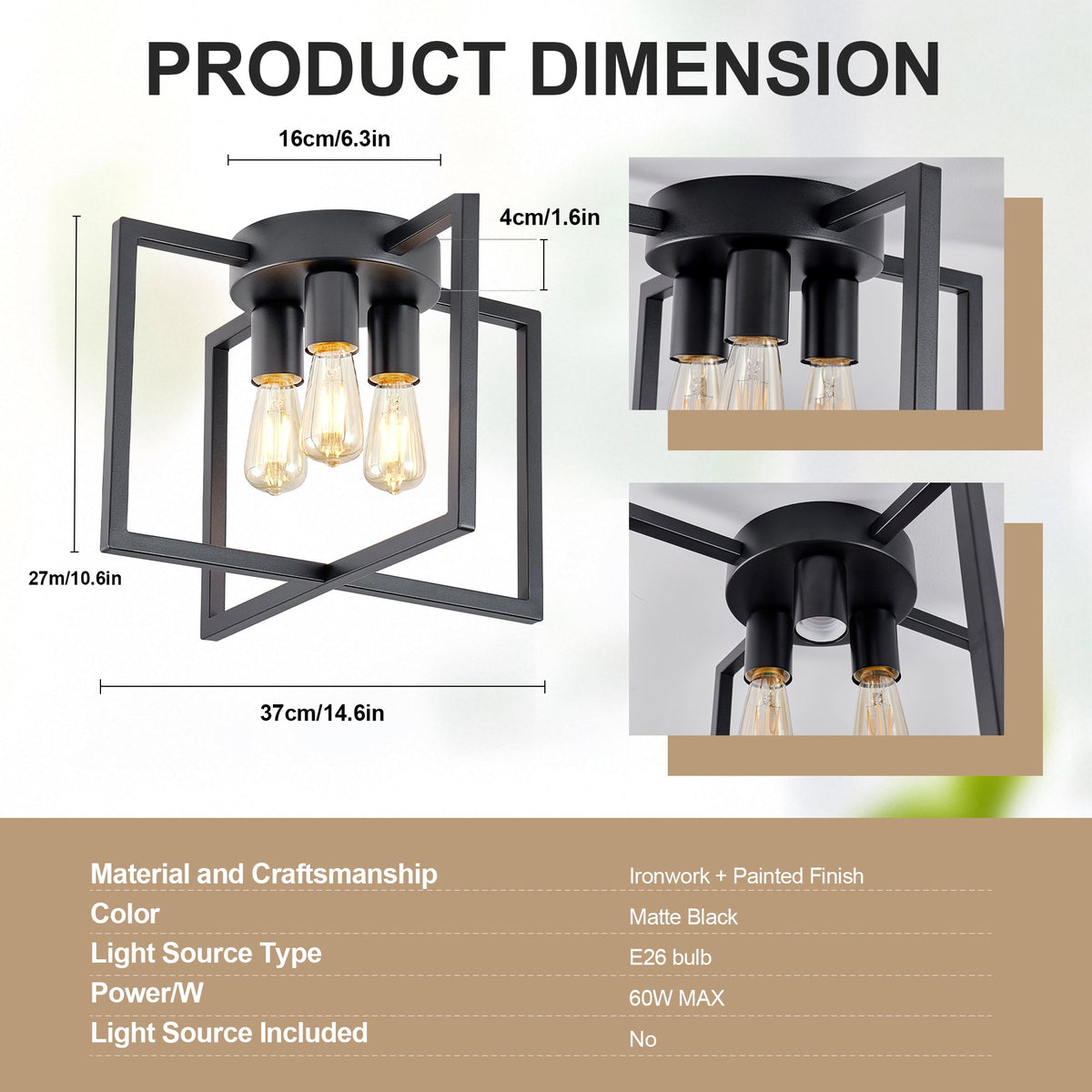 3-Light Black Semi-Flush Mount Ceiling Light with Geometric Metal Shade (United States Delivery Only)