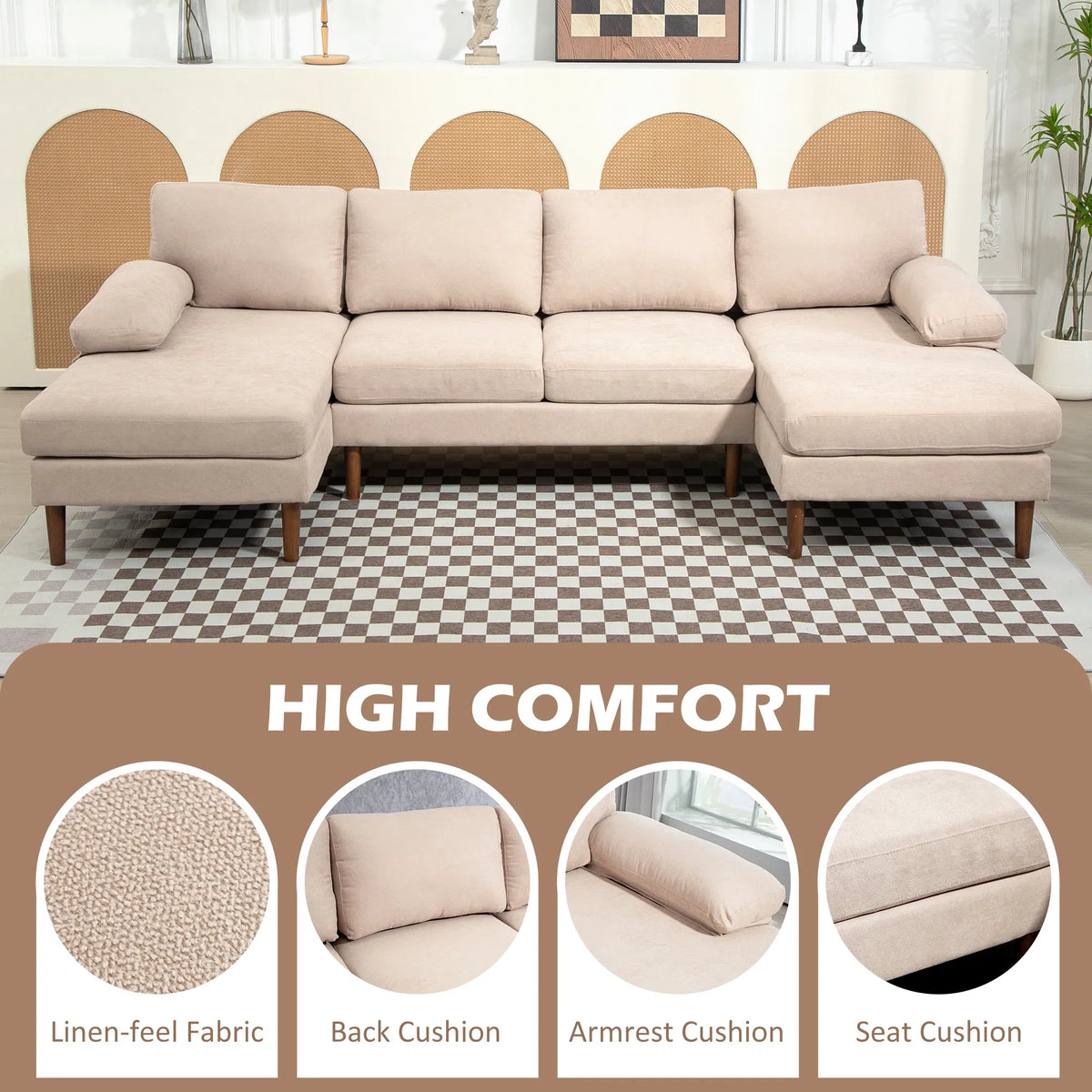 Beige U-Shaped Sectional Sofa – 4-Seater Fabric Couch with Double Chaise Lounge & Wooden Legs (United States & Canada Delivery Only)