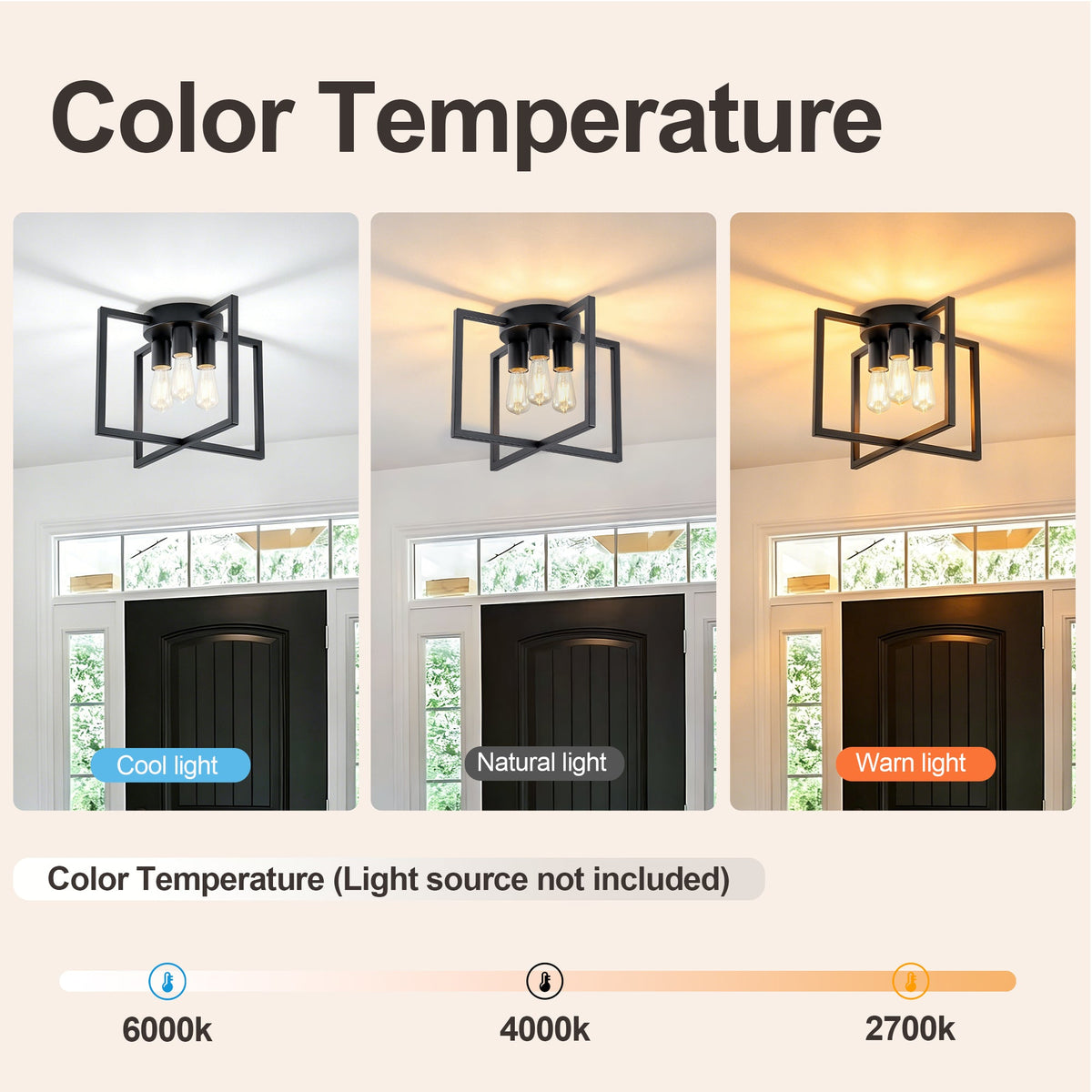 3-Light Black Semi-Flush Mount Ceiling Light with Geometric Metal Shade (United States Delivery Only)