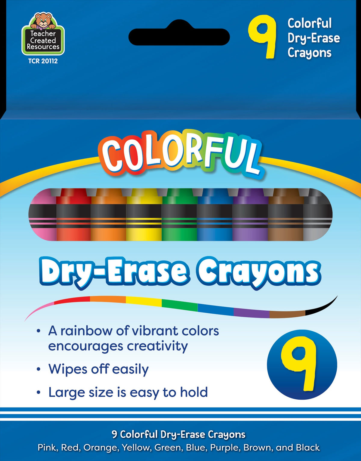 Teacher Created Resources - Colorful Dry-Erase Crayons, 9 Vibrant Colors for Creative Learning - Ages 3+